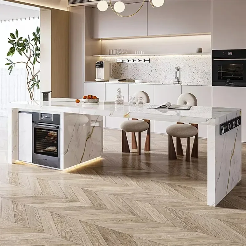Cream Wind Flush Rock Slab Island Table Bar Integrated Kitchen High End Separate Middle Table
