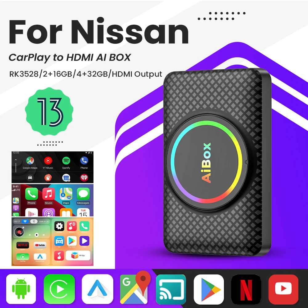 Smart Ai Box Android 13 Wireless Android Auto CarPlay HDMI For Youtube Nexflit TV Box For Nissan Maxima Micra Murano GT‑R Kicks 