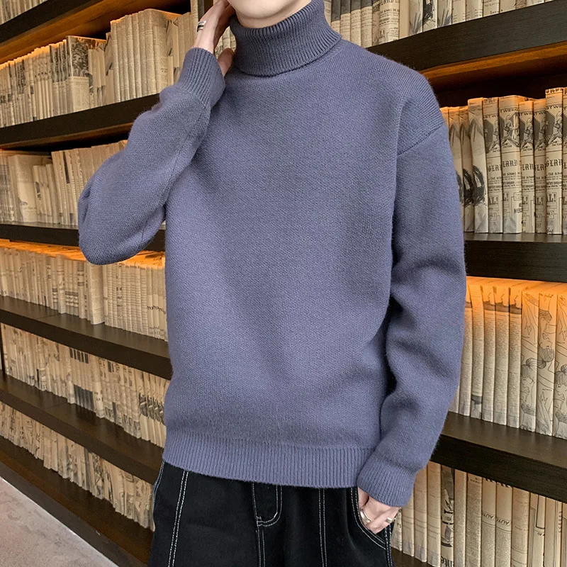 Fashion Youthful Vitality Knitted Turtleneck Sweater Men Warm Casual Pullovers Turtleneck Sweaters Men Loose Knitted Pullovers