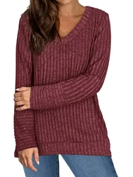 Plus Size Elegant V-Neck Knitted Sweater - Soft Reversible Knitted Top, Puff Sleeve Solid Color Autumn and Winter Pullover