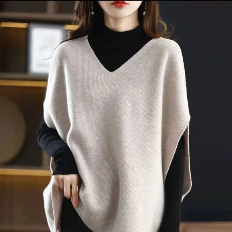 

Imitation Wool Knitted Vest Spring AutumnNew Sweaters Women's V-neck Solid Casual Loose Pullover Knitted Leisure Coat Beige