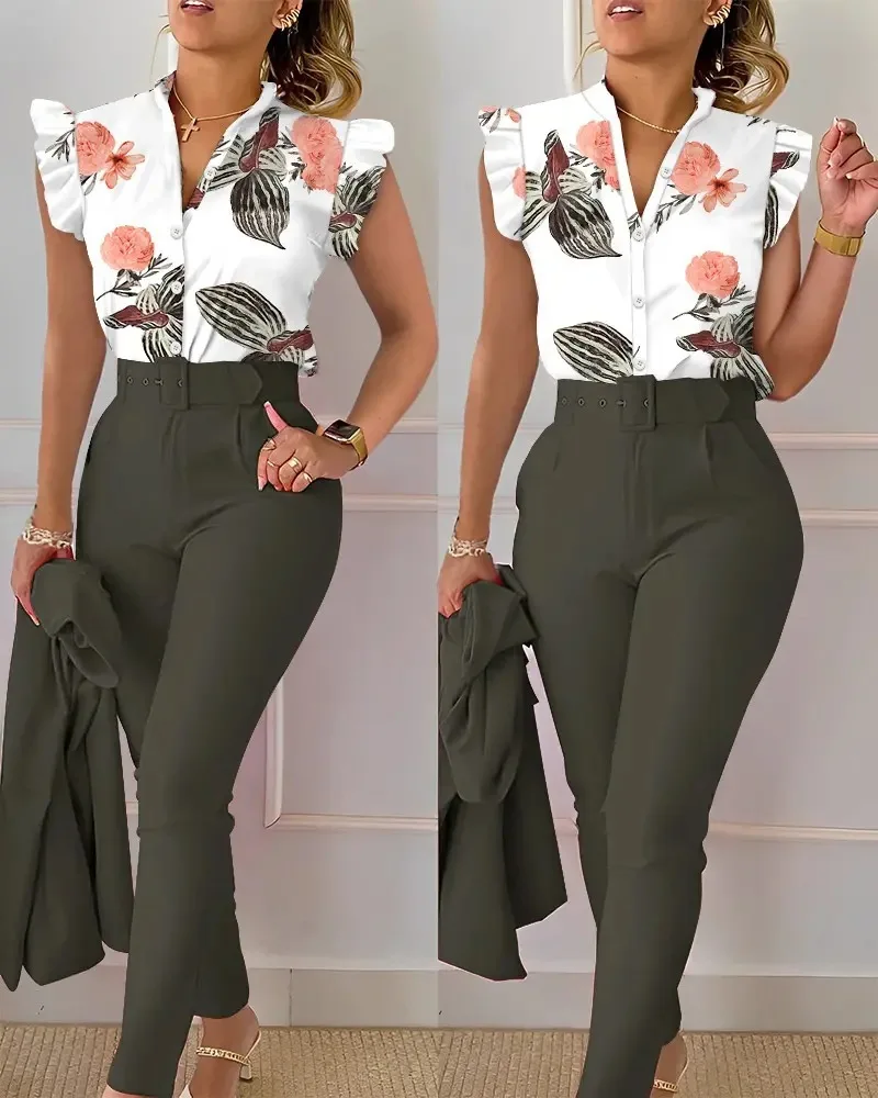 Spring Summer Women's New Printed Lotus Leaf Sleeveless Shirt Suit Slim Femal Office Solid Color Long Pants Belt Two Piece Set