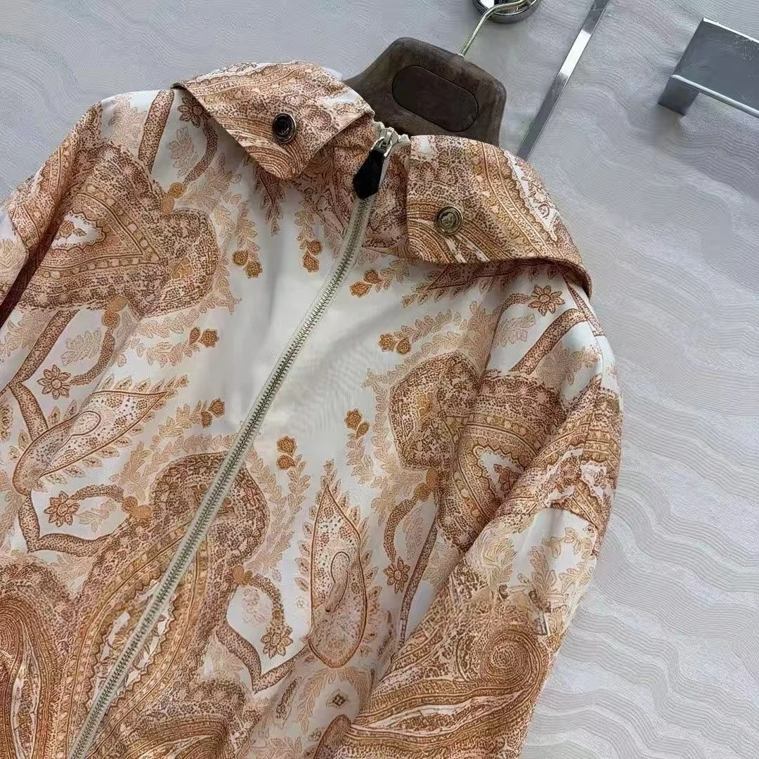 2026 New Autumn Vintage Totem Print Old Money Style Coat Women Hooded Long Sleeve Zipper Drawstring Waist Fashion Jacket
