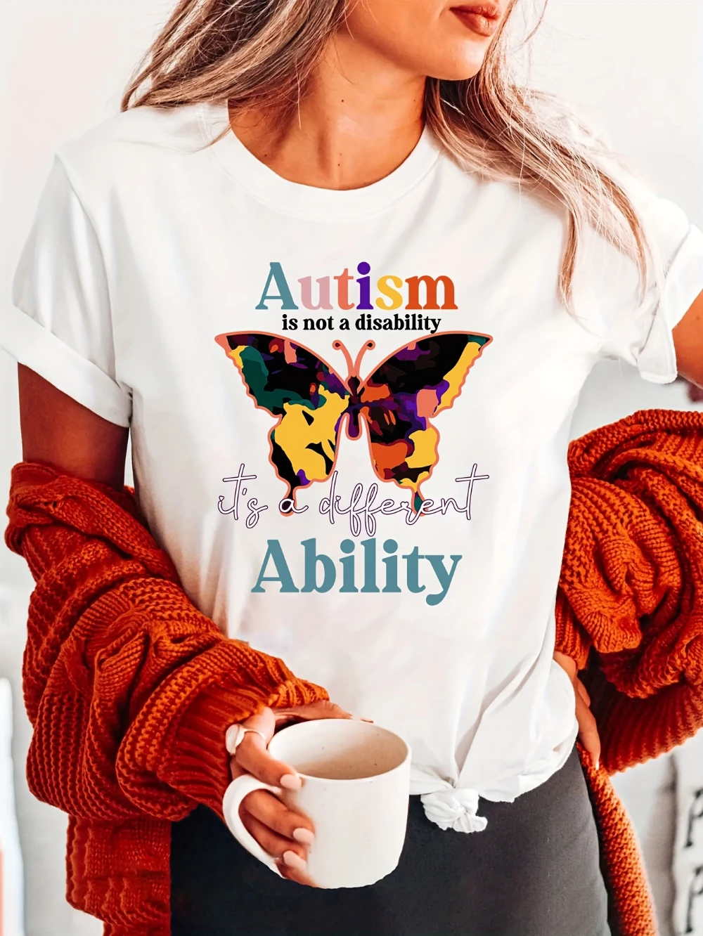 Women's Autism Awareness Autism Butterfly Print T-Shirt Soft Casual Short Sleeve Top with Symbol Semi-Sheer for & Daily Wear