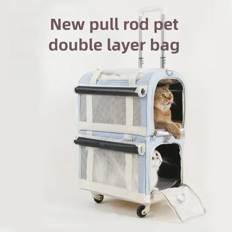 

Pets Double Bag Cats Trolley Box Cat Bag Out Portable Breathable Large Space Universal Wheel Shock Absorption Pet Products