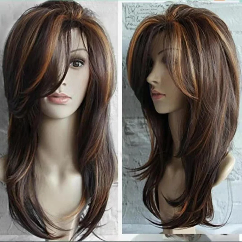 جديد النمط الأوروبي والأمريكي متموج للنساء، شعر مستعار بني طويل مجعد الاصطناعية