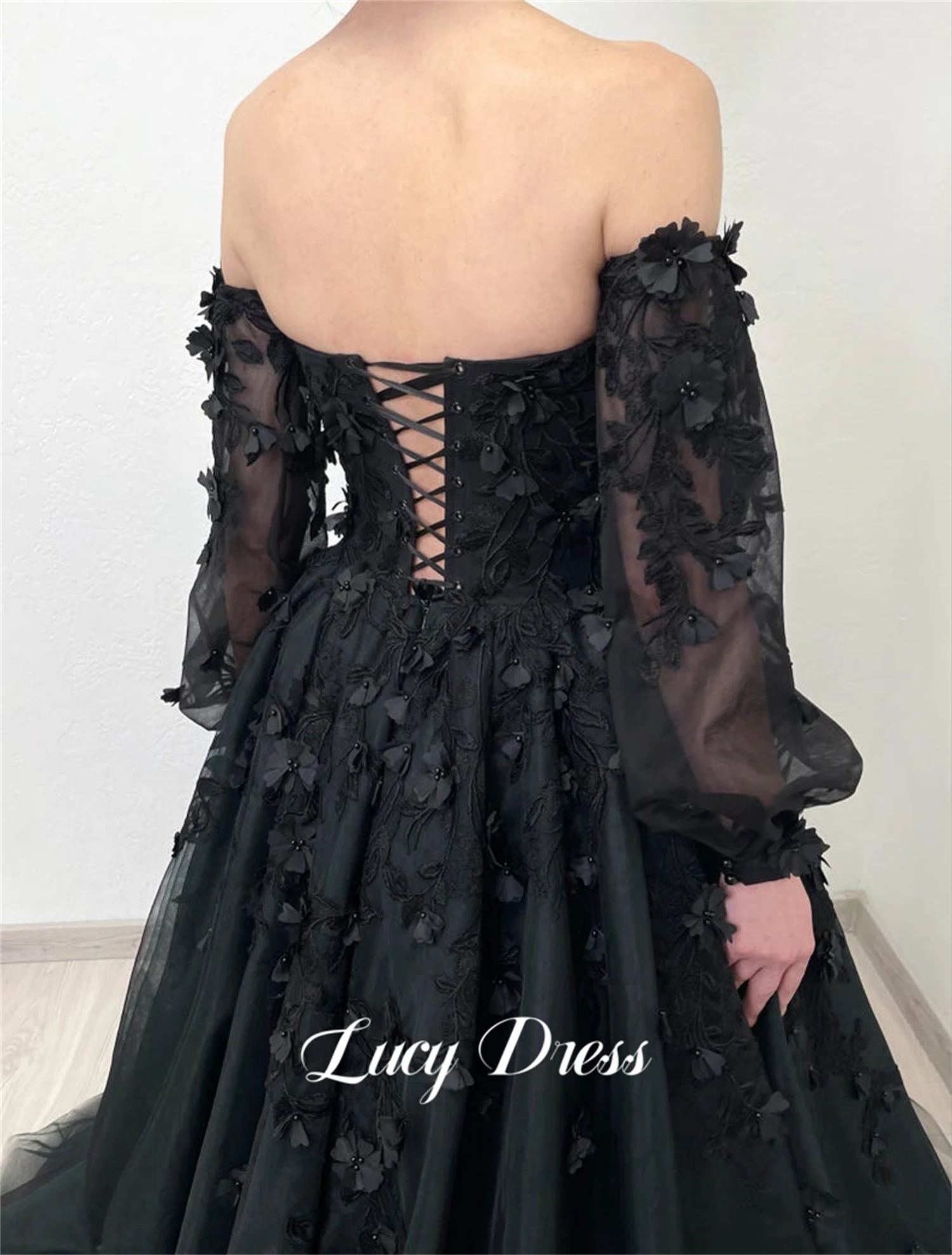 Lucy Black Wedding Dress Long Sleeves 3D Flowers Formal Evening Dresses Women 2024 Robe De Soiree Femmes Party Gala Customized