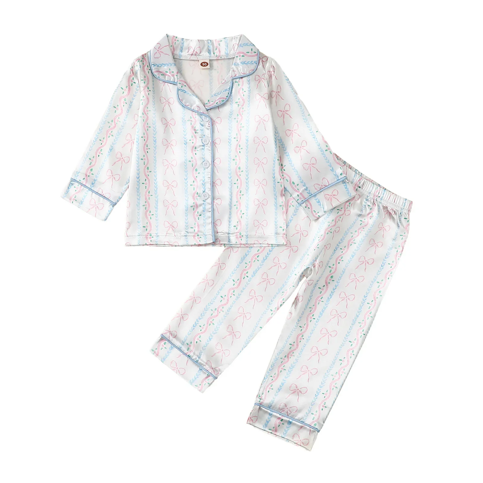 Children's Spring Soft Comfortable Pajamas Girls Sweet Bowknot Print Long Sleeve Lapel Sleepwear Baby Casual Loose Homewear