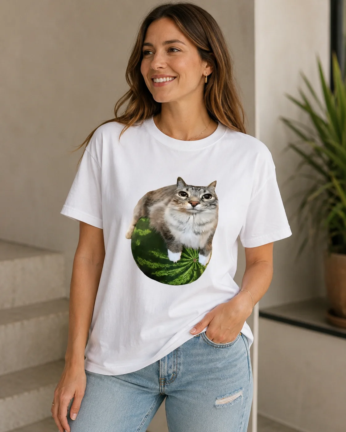 T-shirt with Watermelon and Playful Cat Print This Fun Watermelon-print T-shirt Is A Stylish Unisex Piece Perfect for Streetwear