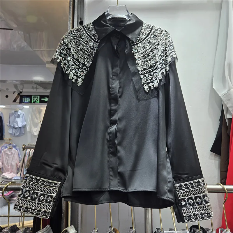 SuperAen 2026 Herfst Nieuwe Lovertjes Geborduurde Flares Sjaal Cape Patchwork Ontwerp Shirt Fashion Casual Losse Shirts