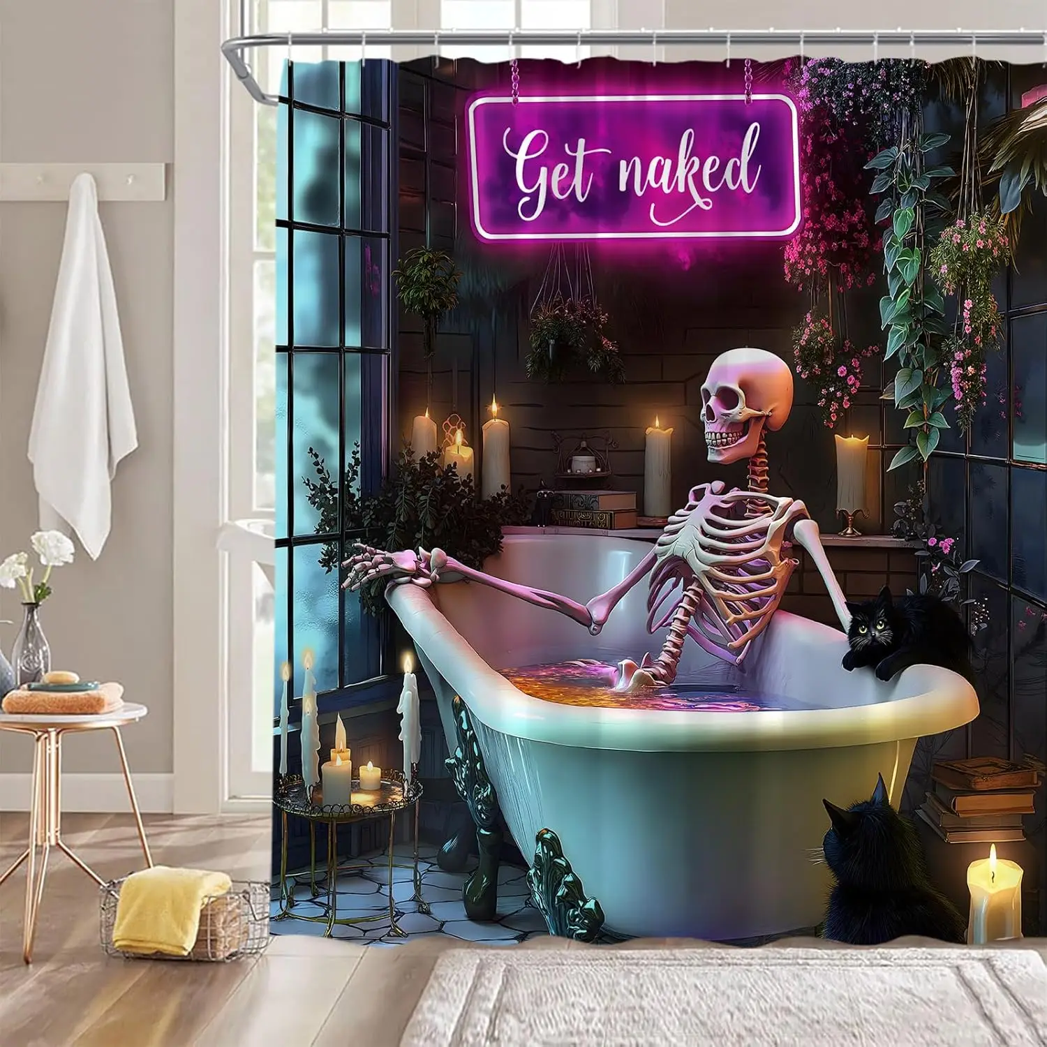 Funny Gothic Skull Shower Curtain Halloween Spooky Skull Skeleton in Bathtub Green Plant Scary Creative Fabric Bathroom Decor