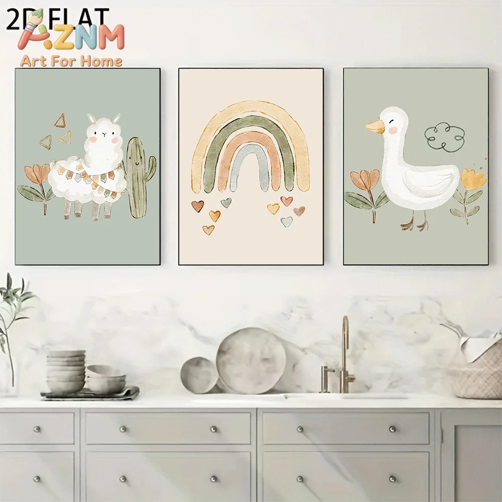 AZNM Boho Watercolor Llama Duck Rainbow Heart Canvas Wall Art, Soft Green Tone Cactus Floral Cute Animal Print Painting for Baby