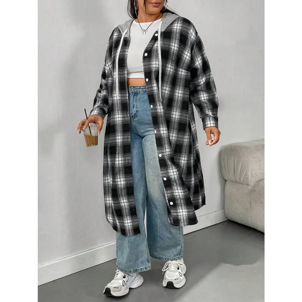 

Mid-length style Hooded Shirts Women Vintage Plaid Long Sleeve Coats Korean Style Casual Loose Side Slit Design Outerwear Ins