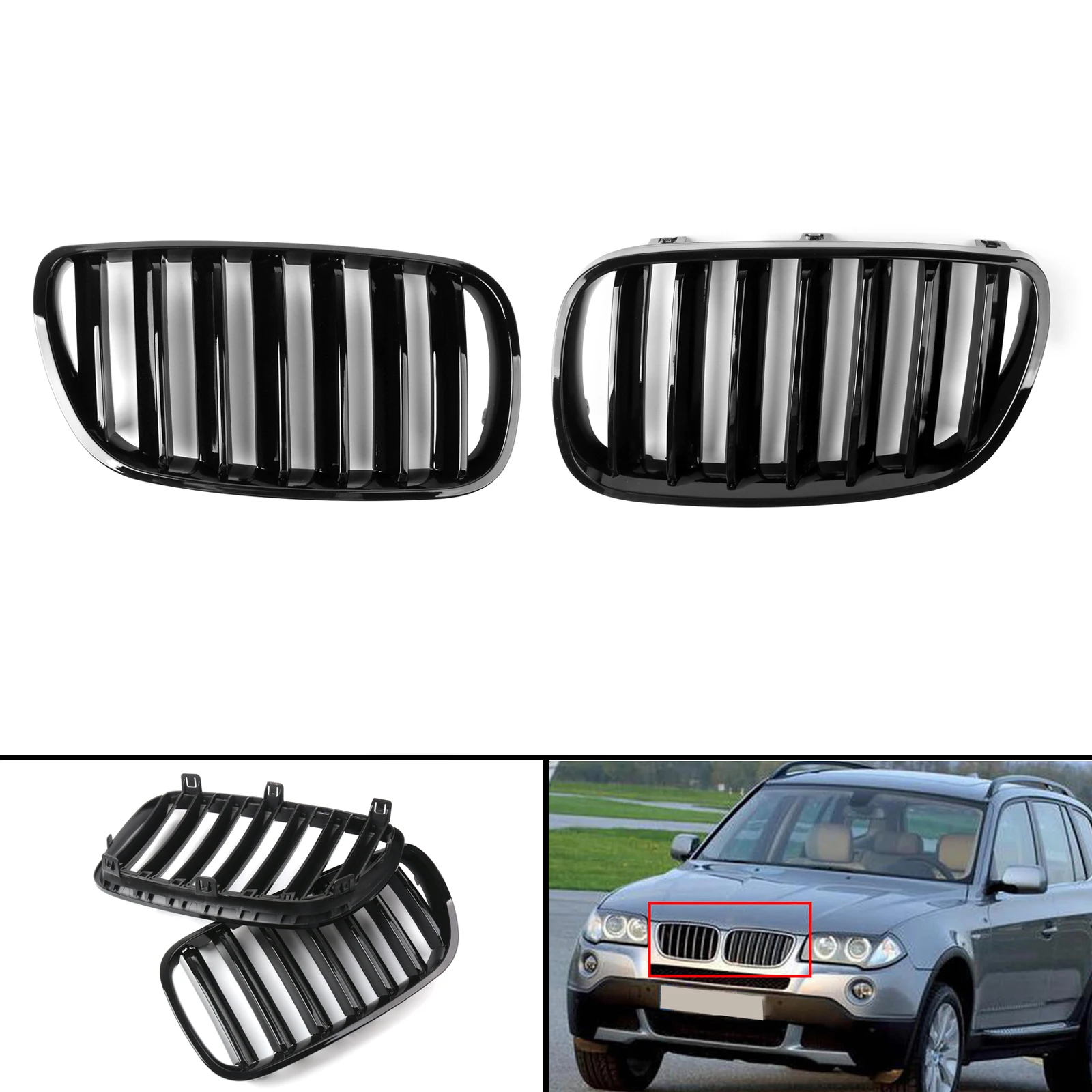 Artudatech Pair Shiny Black Front Bumper Grille For BMW E83 X3 LCI Facelift 2007-2010 New