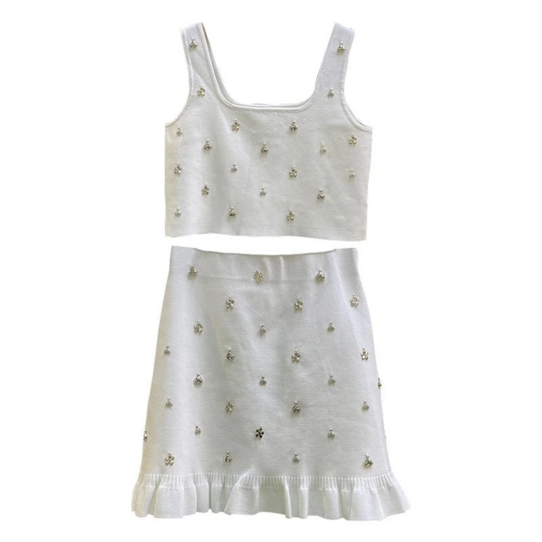 Women's White Beaded Crop Top With Ruffle Hem Skirt Set view 2