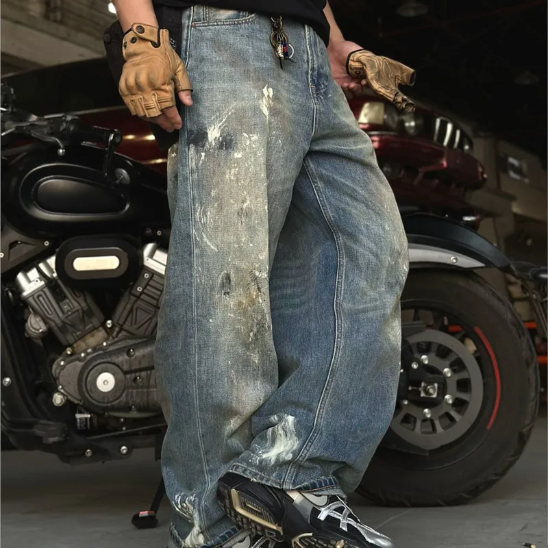 High Quality Wasteland Style American Wide Leg Straight Trousers Men's Jeans