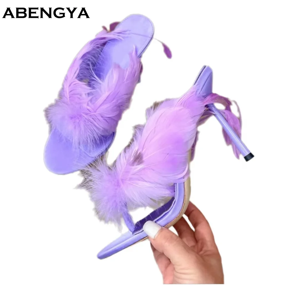 

Summer New Feather High Heel Slipper Women Flip Flops Mules Dress Shoes Designer Fashion Party Banquet Shoes Women Half Slippers