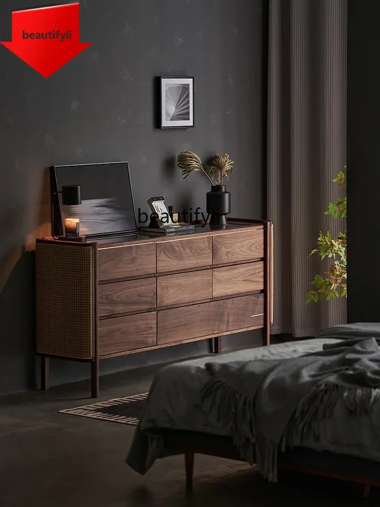 

46 Q Solid Wood Spares Cabinet Bedroom Living Room Wall Drawer Storage Furniture Tailstock Side Cabinet Black Walnut Wooden Lock