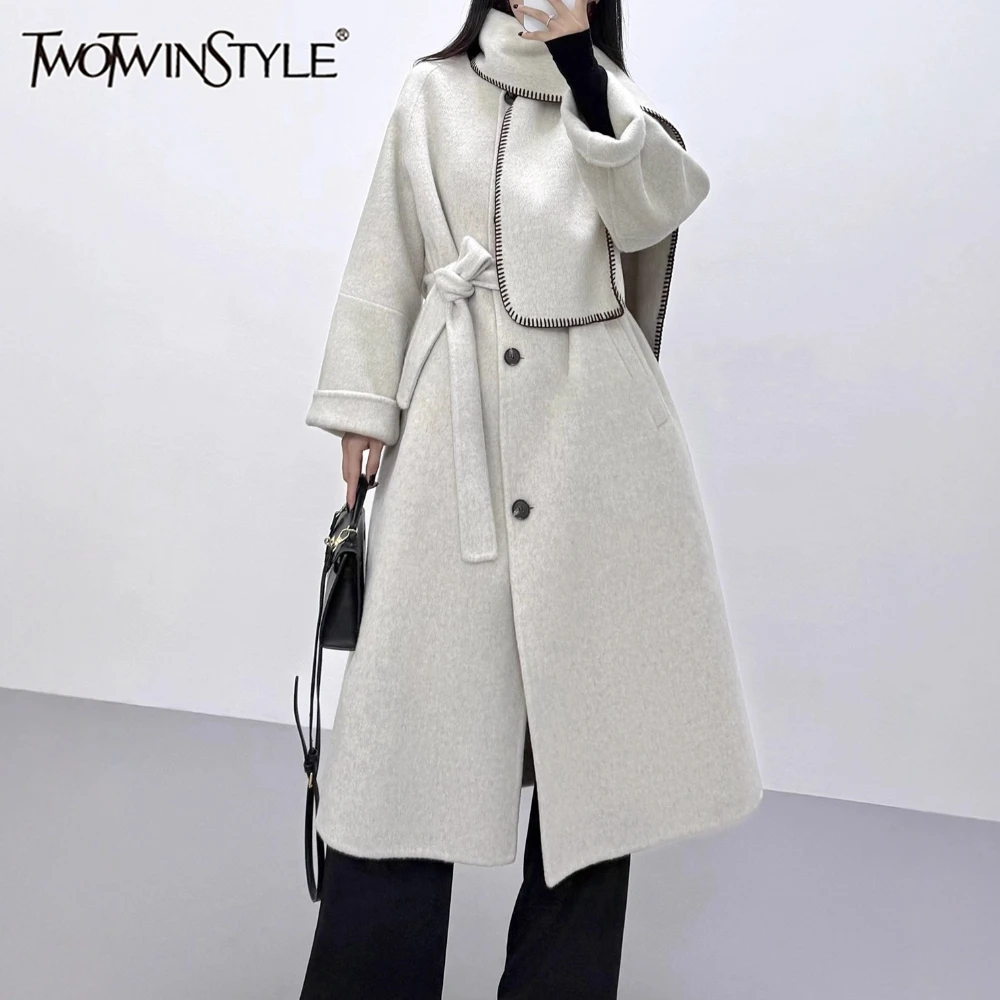 

TWOTWINSTYLE Solid Spliced Lace Up Chic Jacket Female O Neck Long Sleeve Loose Maillard Design Women's Jackets Autumn Fashion