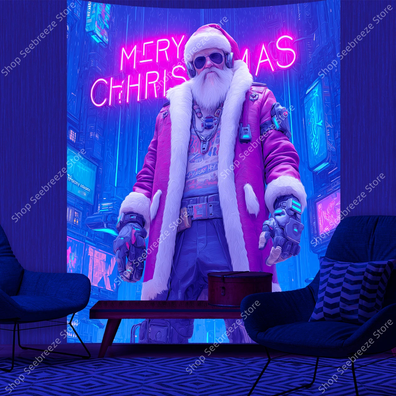 Cyberpunk Santa Claus UV Tapestry with Neon Cityscape and Futuristic Christmas Decor for Modern Living Room Bedroom Wall Art