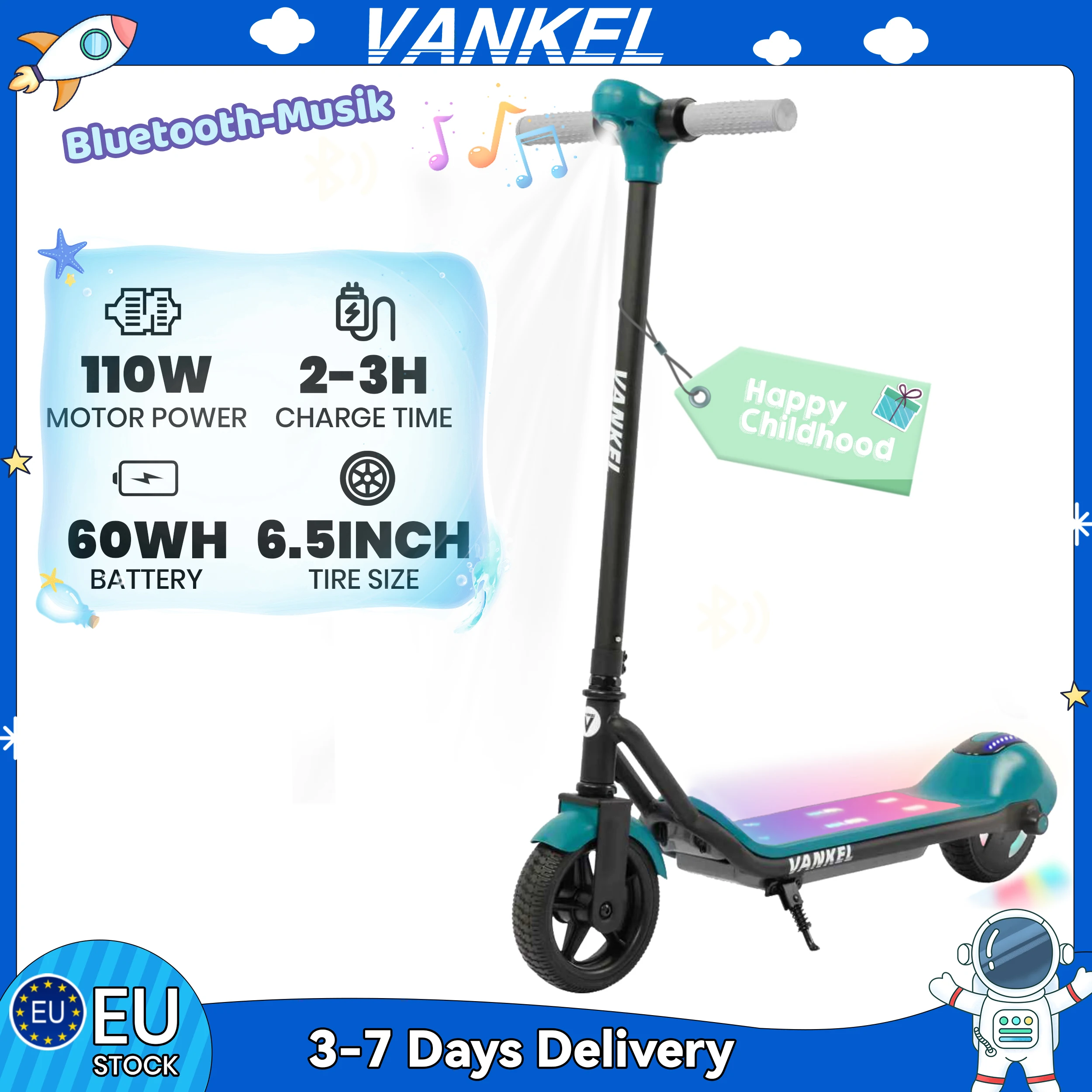Vankel Kinder-E-Scooter für Jungen und Mädchen im Alter von 6–12, 16,5 Zoll Elektroroller, 110 W Motor, 60 Wh Akku, Kinderroller, 8–10 km Reichweite