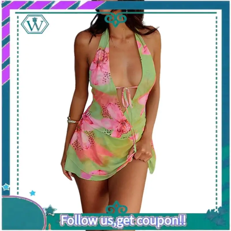 A09P Women Halter Low Neck Mini Dress Cutout Sleeveless Boho Short Dresses Open Back Night Party Going Out Sundress