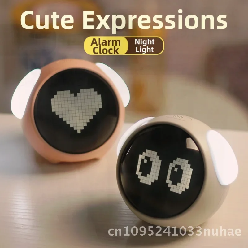 Children's LED Expression Pixel Alarm Clock Smart Luminous Digital Bedside Snooze Clock Student Modern Minimalist White/Pink