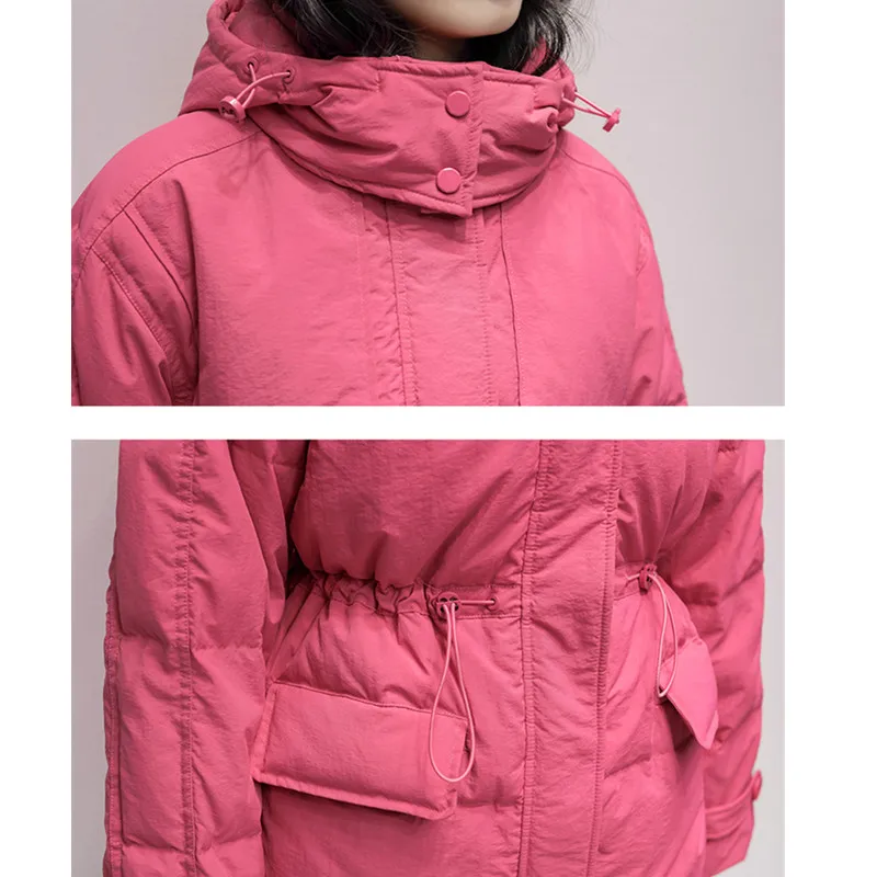 여성용 중간 길이 후드 다운 재킷 겨울 2025 신상 한국 버전 루즈핏 화이트 덕다운 패션 따뜻한 코트 여성용