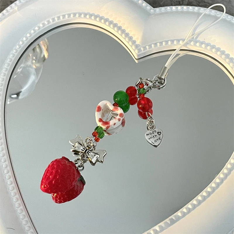 Korea Y2K Cute 3D Strawberry Cellphone Strap Chain Love Heart Pendant Keychain for Backpack Charm Dainty Bow Phone Strap Keyring