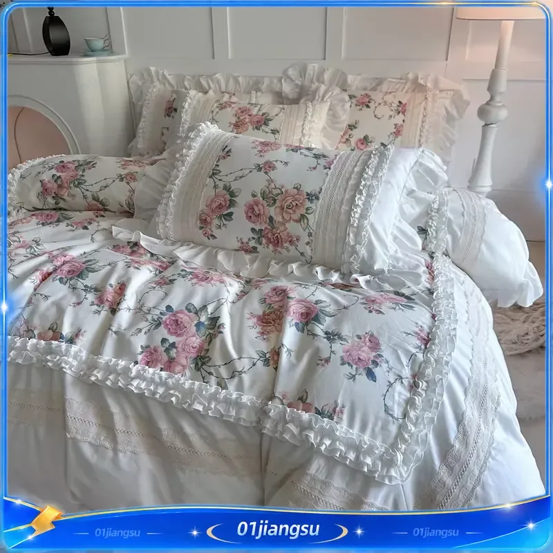 100% Cotton Floral Princess Bedding Set King Queen Size White Girls Lace Ruffle Duvet Cover Bedspread Bed Skirt Set Home