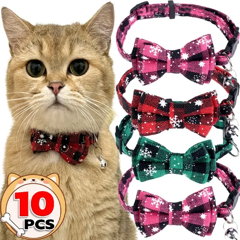 Pet Breake Collar Bow Tie Adjustable Dog Collar with Bell Cat Plaid Kitten Collars Plaid Safety Buckle Christmas Pet Necklace