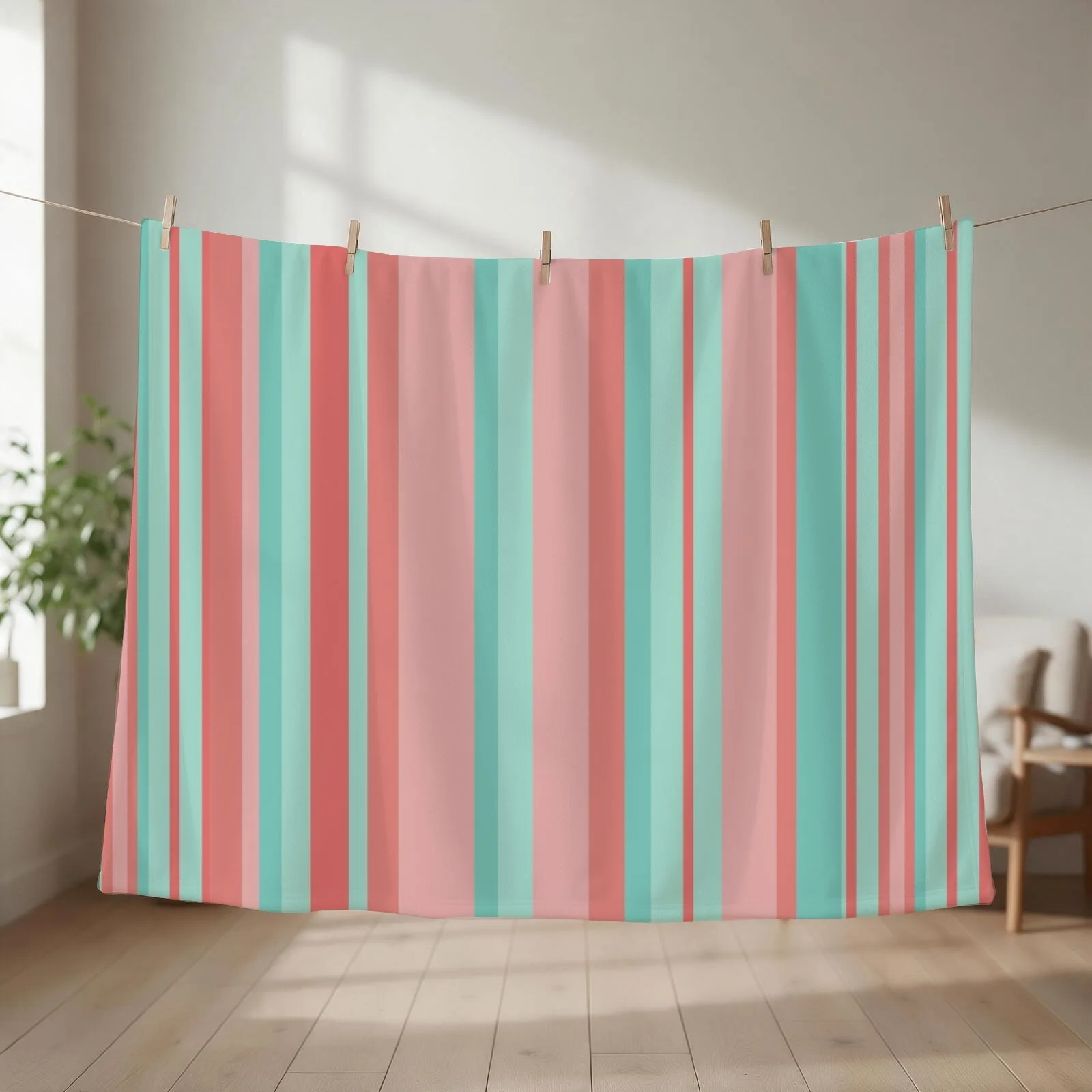 Candy Stripes in Aqua and Coral Pink. Minimalist Color Block Design in Cheerful Colours Throw Blanket Softest Blankets