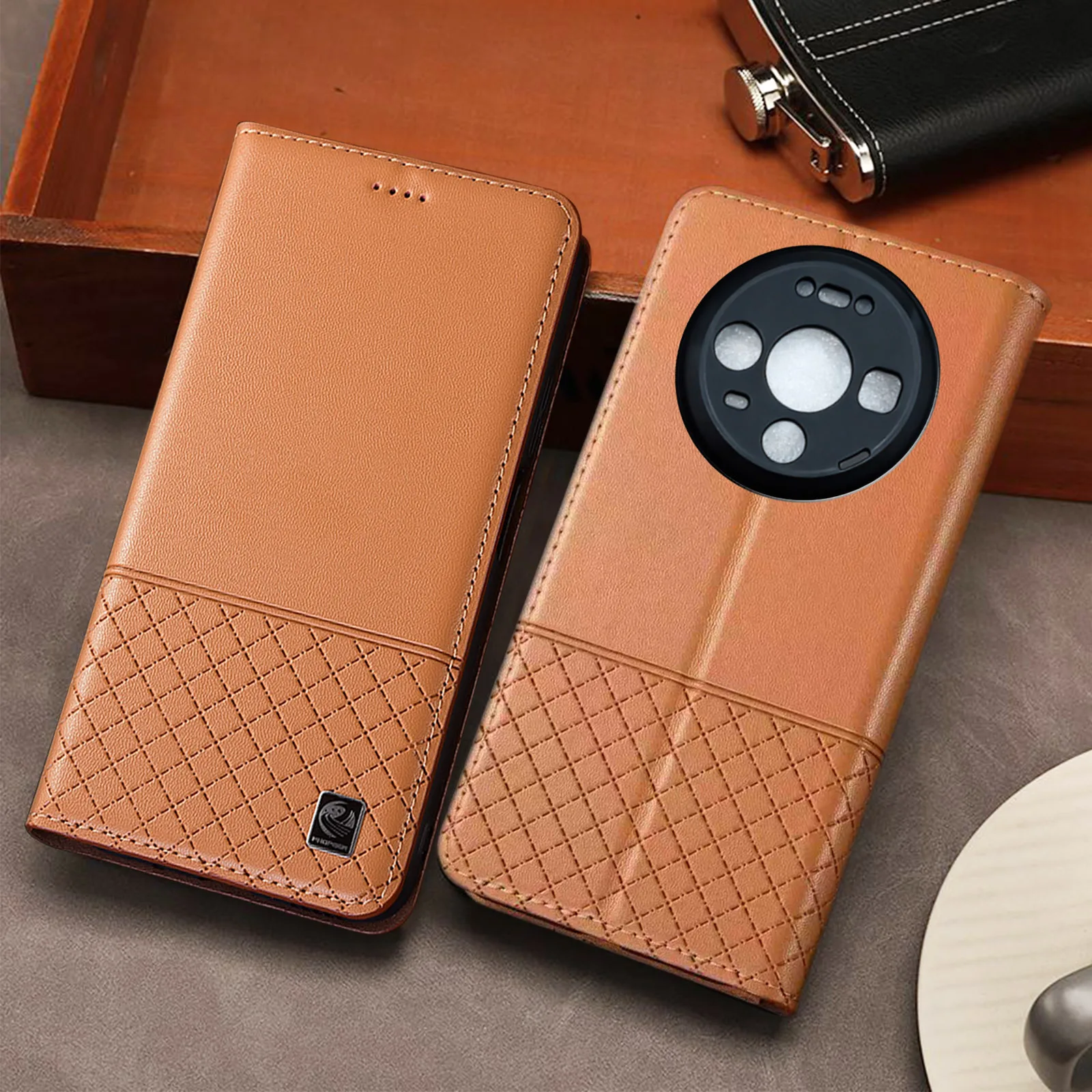 

Genuine Leather Phone Case For HuaWei Mate 30 40 50 60 70 80 Pro Max Lite Plus RSR Nappa Below Grid Pattern Of Flip Cover Case