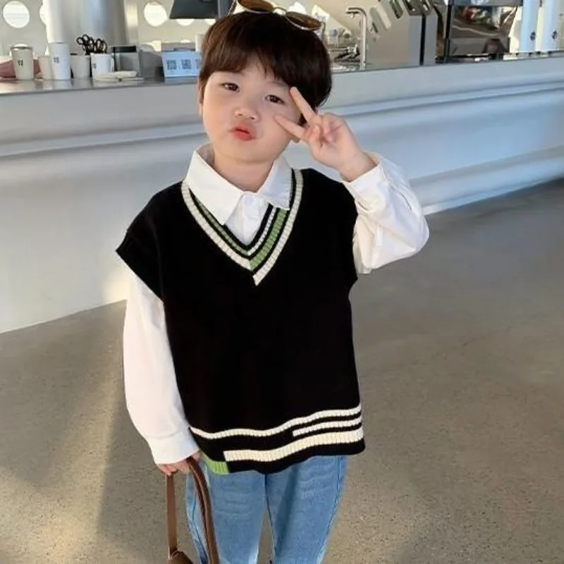 

Children's Knitted Vest Boys' Tops Autumn Thin Shoulders Baby Spring Clothes Foreign Horse Clips Spring Autumn Models Waistcoats