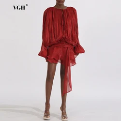 VGH Loos Spliced Lace Up Hollow Out Dresses For Women Round Neck Lantern Sleeve High Waist Minimalist Ruffles Short Dress Female
