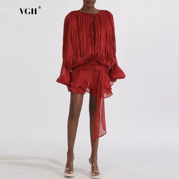 VGH 루즈 스플라이싱 레이스업 할로우 아웃 드레스 여성용, 라운드넥 랜턴 슬리브, 하이웨이스트 미니멀리스트 프릴, 짧은 원피스