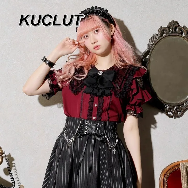 

Original Single Japanese Shirt 2025 New Summer Shirts Women Sweet Mine Cute Off-the-shoulder Lace Navy Collar Short-sleeve Top