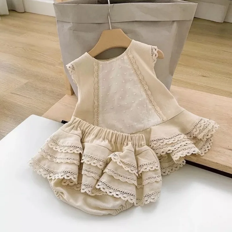 Summer New Baby Girls Outfit Clothes Cute Princess Sleeveless Lace Vest Tops+Layered Hem Tiered Skirts Panty Suit For Toddler