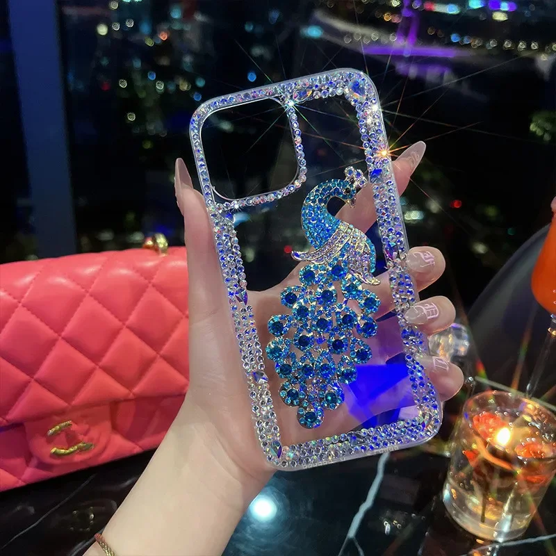 

Luxury Bling Glitter Rhinestone Peacock Phone Case, Soft TPU Back Cover for Samsung Galaxy S24 Plus, S21 FE, S22, S23, Note20 Di