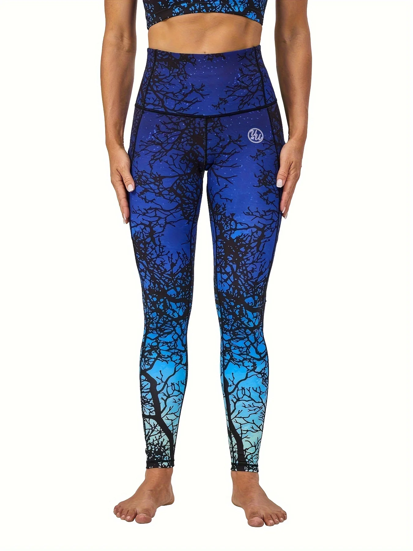 Women Mid‑Rise Fleece Lined Leggings Gradient Blue Tree Branch Print Slim Stretchy Warm Yoga Pants