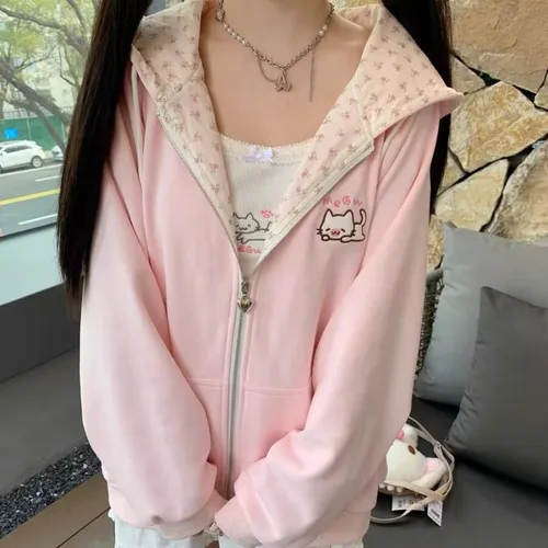 Imagen 1 del producto Abrigo con capucha Harajuku coreano Kawaii para mujer, cárdigan fino de manga larga con cremallera, ropa de calle Y2K, nuevas chaquetas holgadas de longitud media