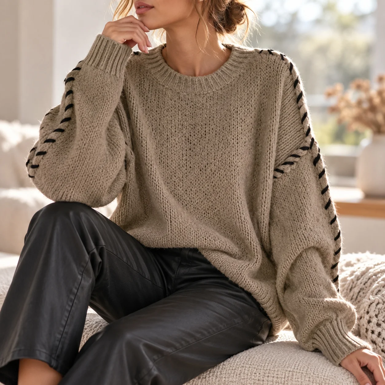 Casual Pullover Sweater Regular Fit with Drop Shoulder Long Sleeve Round Neck Crew Neck Japanese Korean Casual Women Sweater