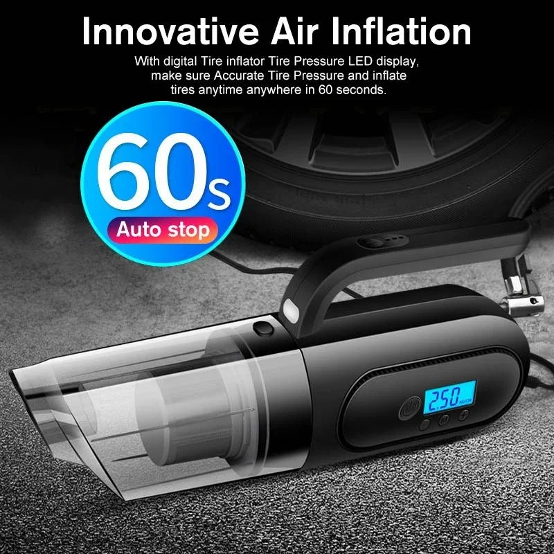 4 in 1 Multifunction Digital Display Car Vacuum Cleaner with Inflator Pump,Tire Pressure Monitoring and Lighting