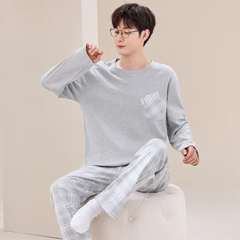 

2023 Autumn Winter 100% Cotton Long Sleeve Pajama Sets for Men Korean Casual Plaid Sleepwear Pyjama Male Lounge Homewear Clothes
