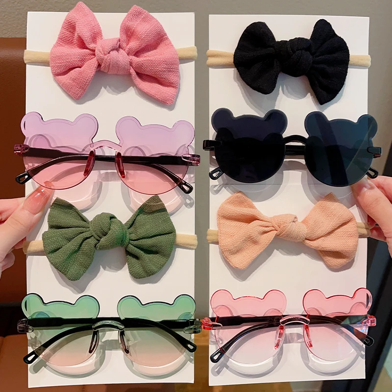 2 Pcs/Set Colors Soft Bowknot Wide Hairband Transparent Gradient Bear Shape Sunglasses Boys Girls Headwear Kids Hair Accessories