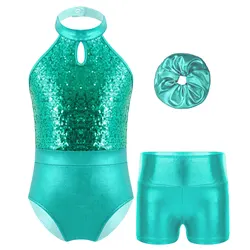 Kids Girls Ballet Sets Shiny Sequins Halter Backless Gymnastics Leotard Latin Dance Unitard with Metallic Shorts Set Dancewear