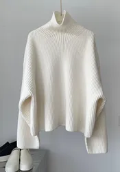 New cashmere wool blend stand up collar, drop shoulder solid color long sleeved knitted sweater sweater