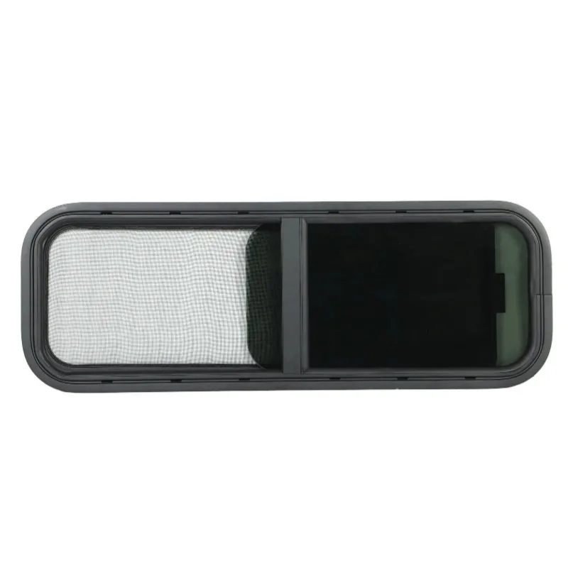 Circular corner sliding sunshade window 900x300mm black tempered glass, suitable for camping trailer glass RV sliding window