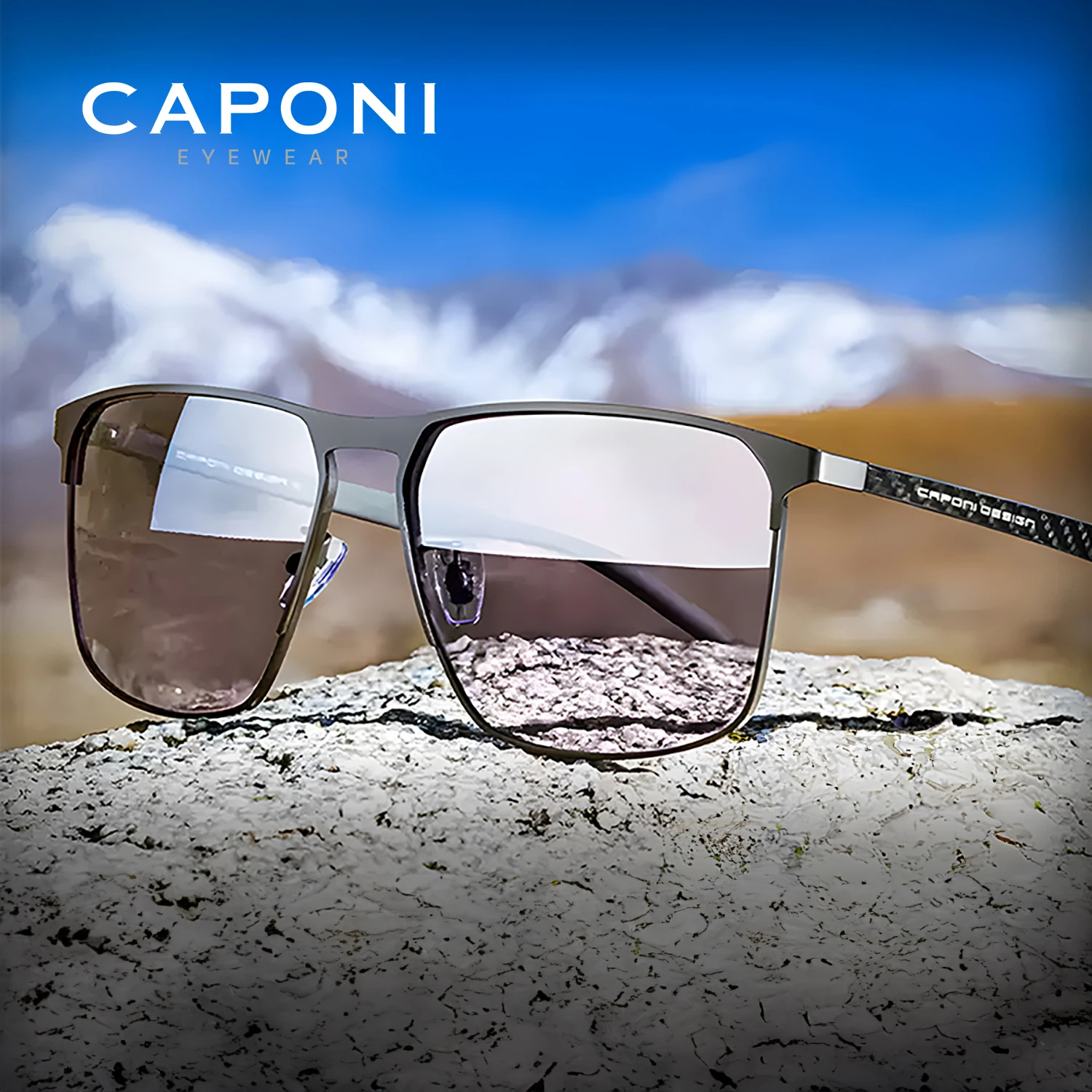CAPONI Polarized Men Black Sunglasses Carbon Fiber Photochromic Driving Sun Glasses UV400 Original Design Black Shades BS28964