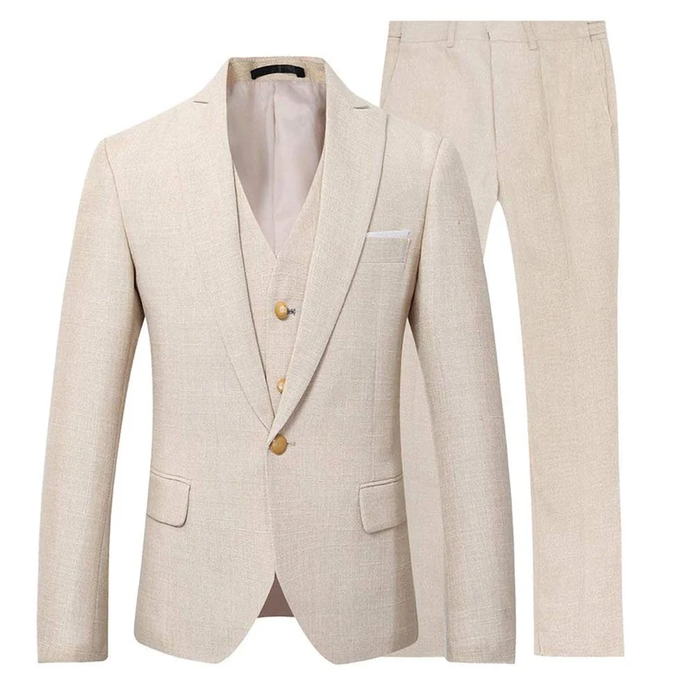 

Summer New Fashion Linen Men's Suits 3 Piece High Quality Peak Lapel One Button Male Blazer Wedding Business Casual Tuxedo Slim